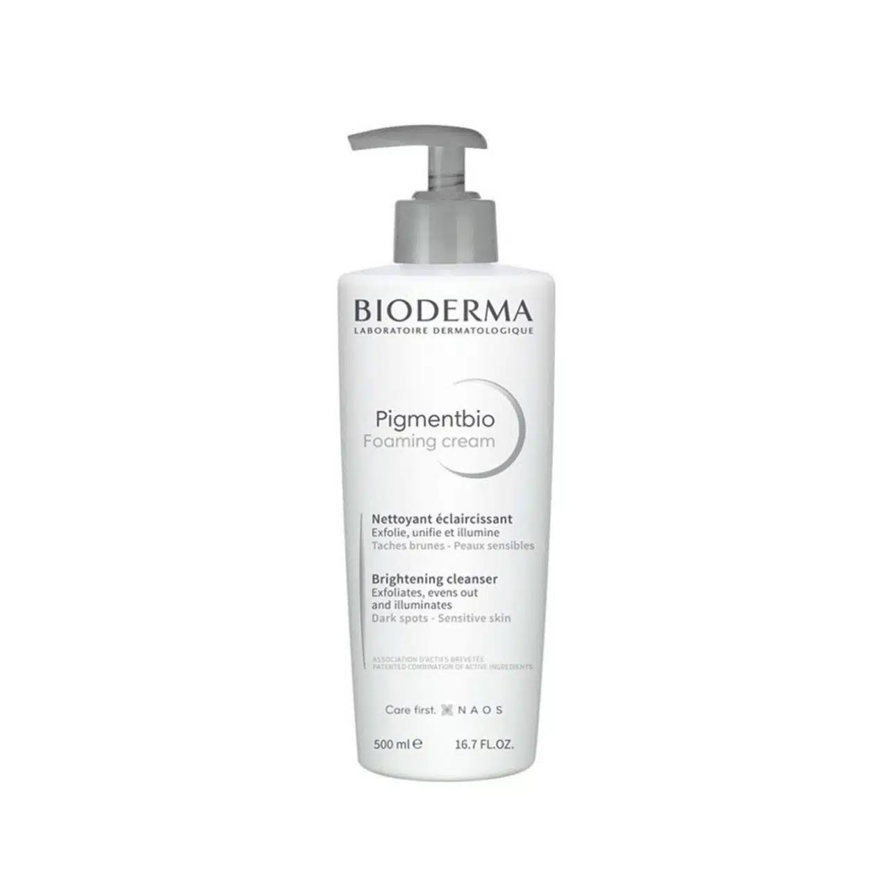 Flacon blanc de Bioderma Pigmentbio Crème Moussante Nettoyant Eclaircissant avec pompe doseuse