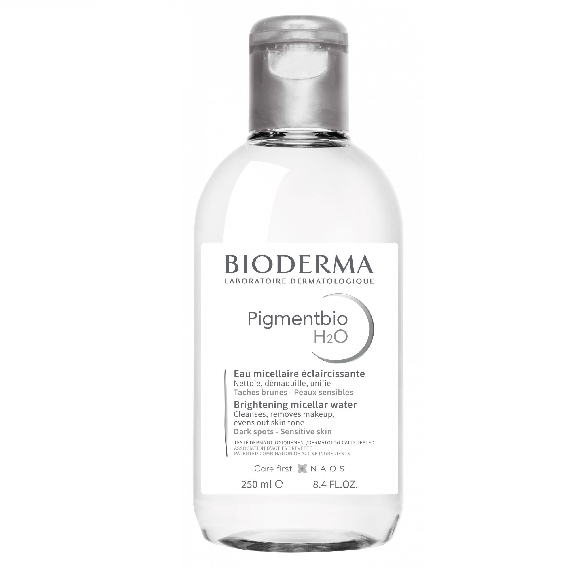 Un flacon transparent de Bioderma Pigmentbio H2O Eau Micellaire Éclaircissante