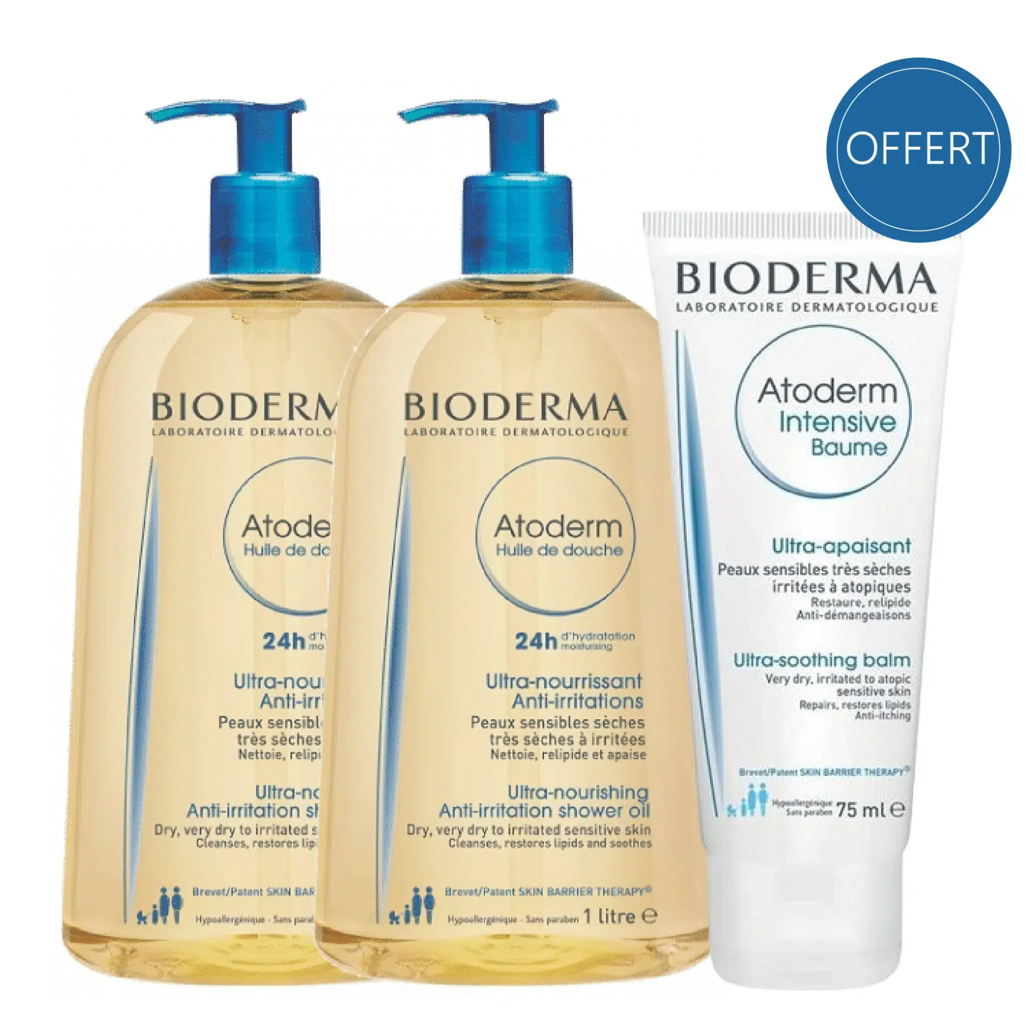 Deux flacons d'huile de douche Bioderma Duo Atoderm Ultra Hydratant Et Apaisant