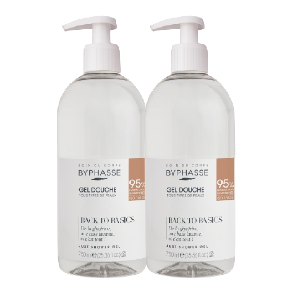 Deux flacons de Byphasse Gel Douche Avec Pompe Tous Types de Peaux 2x750 ml