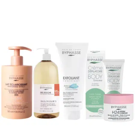 Découvrez la collection Gamme de Soins Ultra Hydratant Visage Et Corps de Byphasse, une gamme de produits de soins essentiels pour la peau comprenant une lotion blanchissante, un gel douche, un exfoliant, une crème dépilatoire et une crème hydratante. Chaque produit est joliment emballé dans des bouteilles et des boîtes aux étiquettes roses et blanches. Dakar