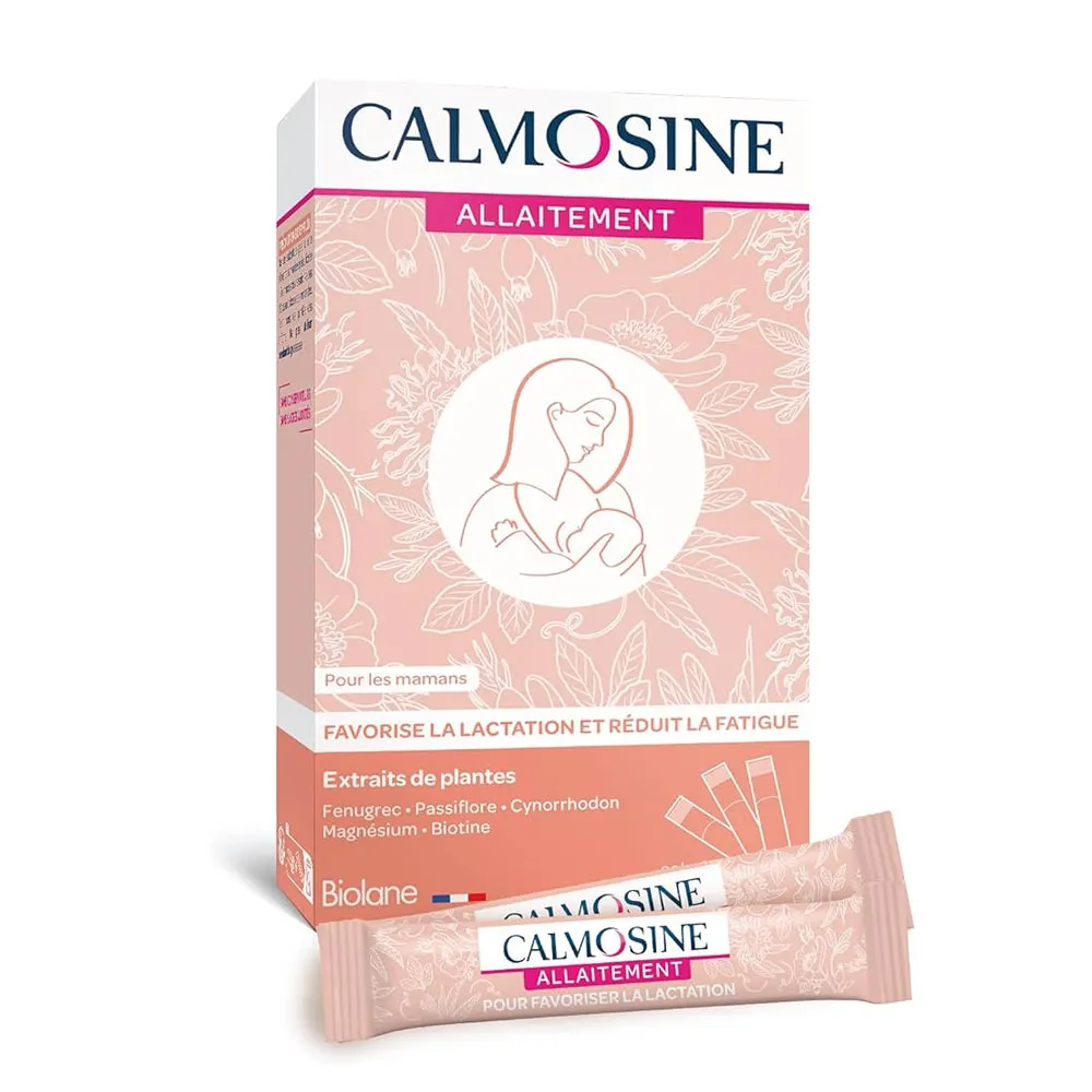 Boite de Calmosine Allaitement Fenugrec & Passiflore & Magnésium 14 sticks de 10ml avec à côté un sachet comportant une illustration d'une mère qui allaite sur l'emballage. dakar