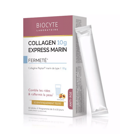 Une boîte de Biocyte Collagen Express Marin Anti Rides et Raffermissant 10 Sticks avec un seul stick à côté