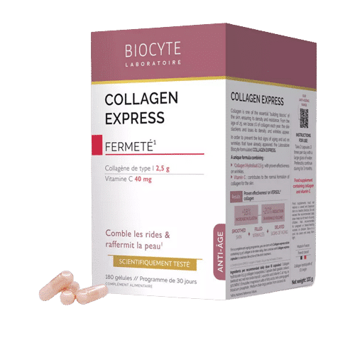 Biocyte Collagen Express Anti-âge Fermeté Boîte de supplément de 180 gélules accompagnée de capsules