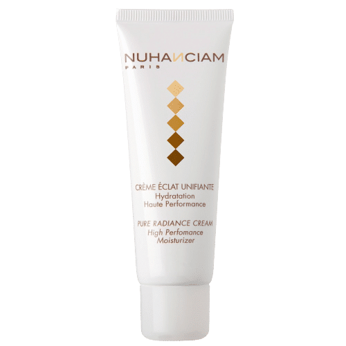 Tube blanc de Nuhanciam Crème Éclat Unifiante Anti Taches 50 ml avec des éléments de design dorés et marron