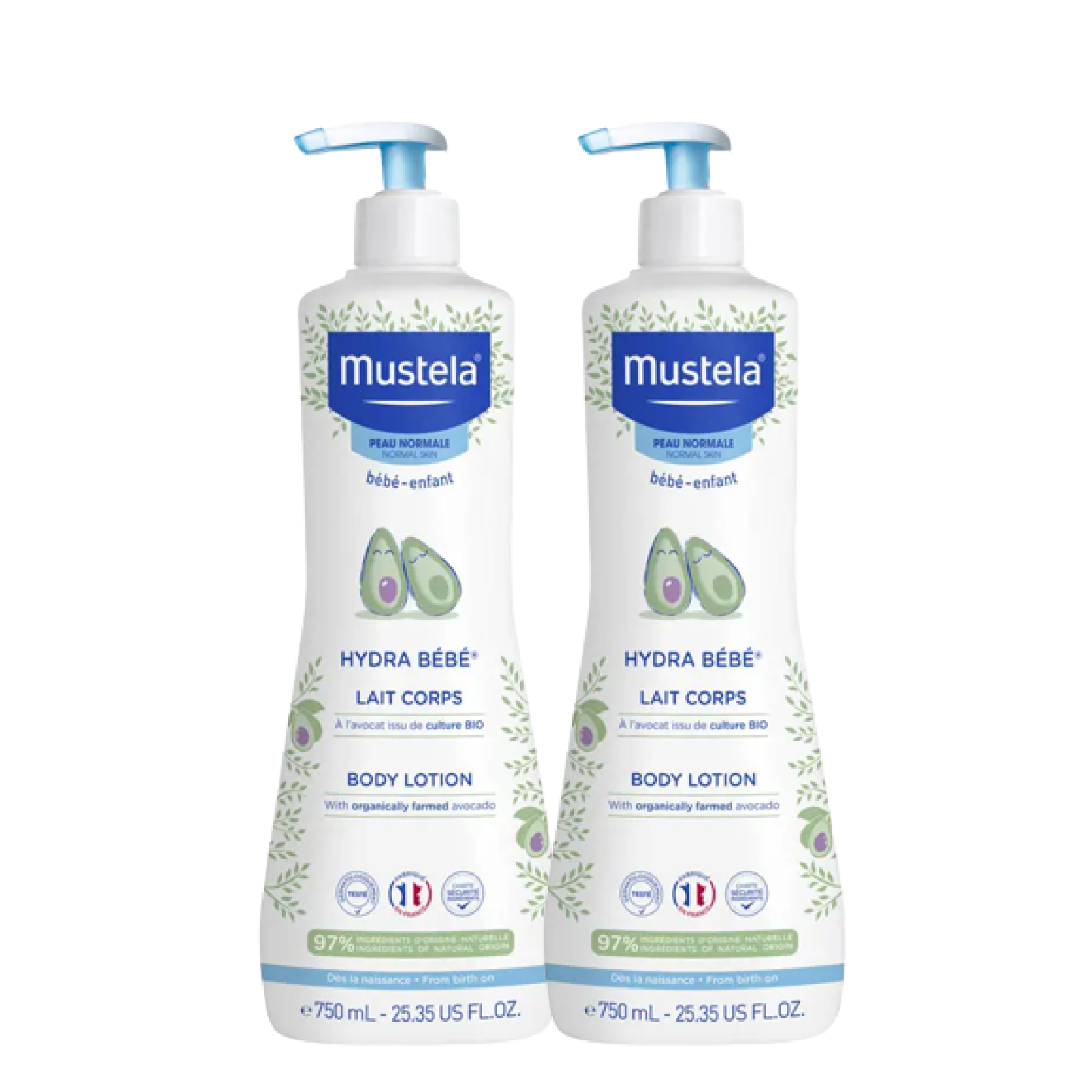 Deux flacons de Mustela Hydra Bébé Lait Corps 2x750 ml