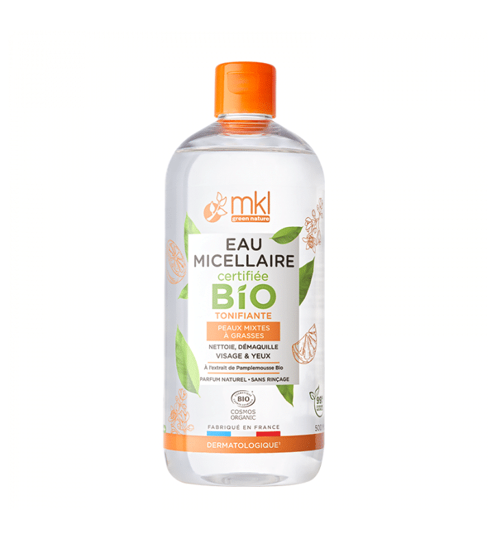 Un flacon de MKL Eau micellaire Vitaminée certifiée BIO - 500 ml avec une étiquette verte et orange