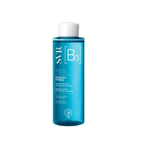 Une bouteille bleue de Svr B3 Essence Hydra Solution Réparatrice