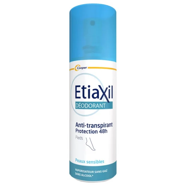 Un déodorant Etiaxil Anti Transpirant 48H Pieds en bombe de 100 ml avec bouchon bleu offre une protection anti-transpirante pour les peaux et les pieds sensibles jusqu'à 48 heures.