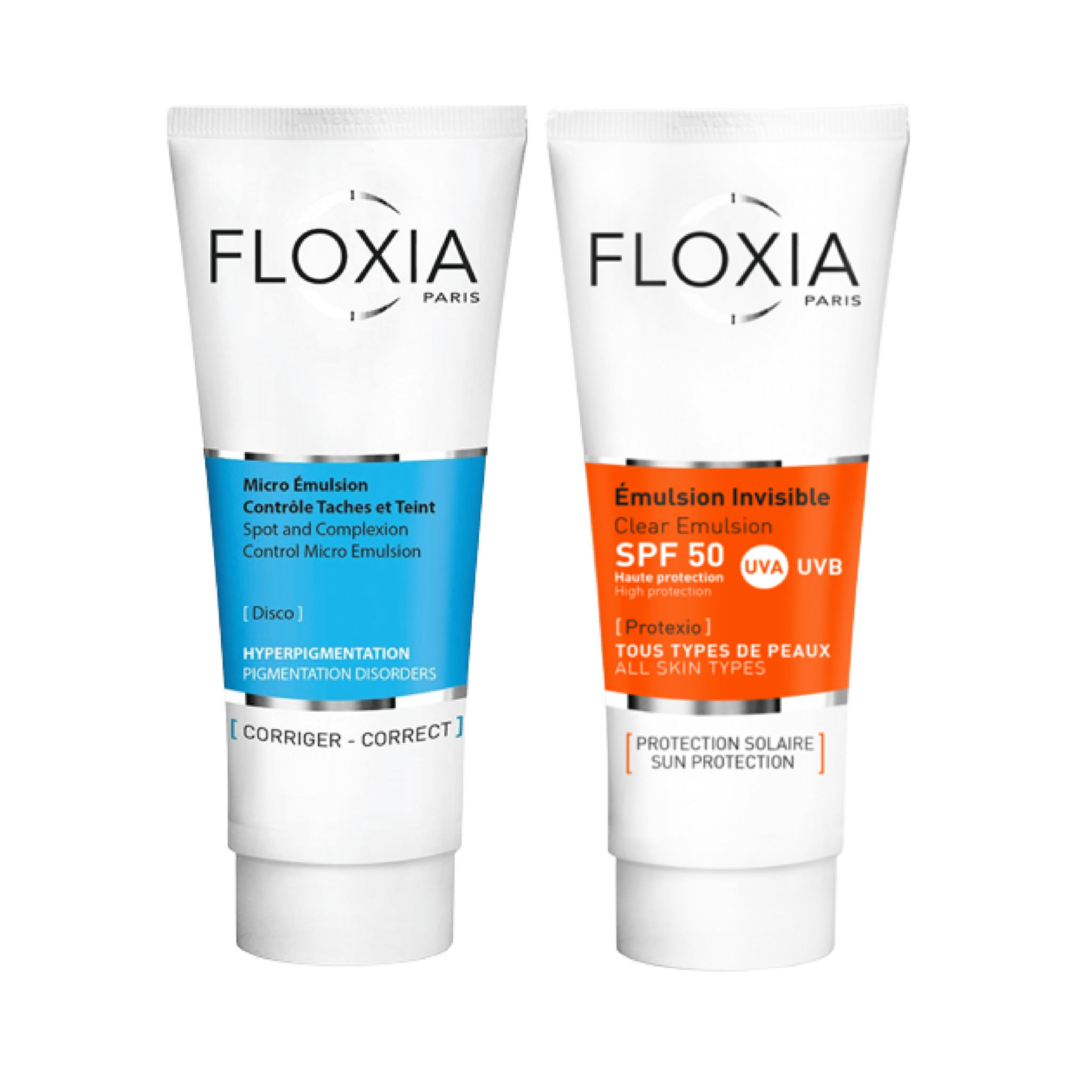 Deux tubes de Floxia Duo Unifiant Anti Tache Visage (Tache Brunes - Mélasma - Teint Irrégulier) sont disponibles chez Univers Cosmetix à Dakar