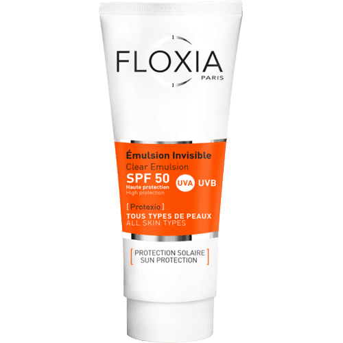 Un tube de FLOXIA PROTEXIO émulsion solaire invisible Unifiant Anti-tache SPF 50+ tous types de peau (50ml) d'Univers Cosmetix