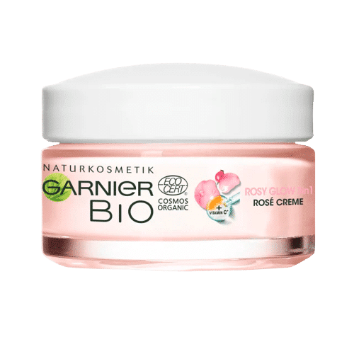 Un pot de Garnier Bio 3 en 1 Crème Jour Rosée Glow à la Vitamine C 50 ml contenant de la vitamine C et étiqueté biologique avec un design blanc et rose