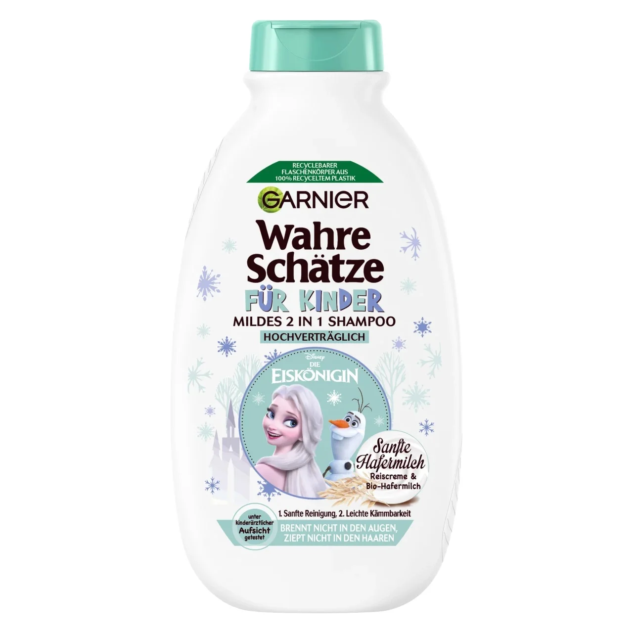 Flacon blanc de Garnier Shampoing 2 en 1 Enfants Doux au Lait d'Avoine 300 ml à l'effigie des personnages adorés de Frozen