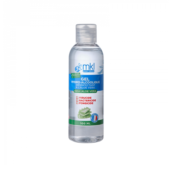 Flacon transparent étiqueté "MKL Gel Hydroalcoolique Mains Aloe véra - 100 ML"