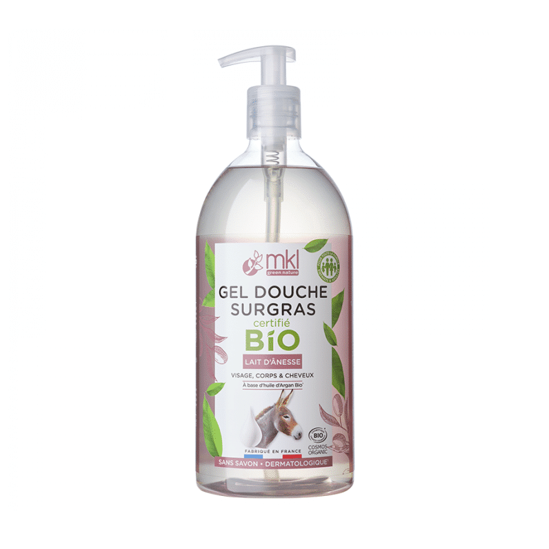 Flacon de MKL Gel Douche certifié BIO – Lait d'ânesse certifié BIO – 1L avec distributeur à pompe