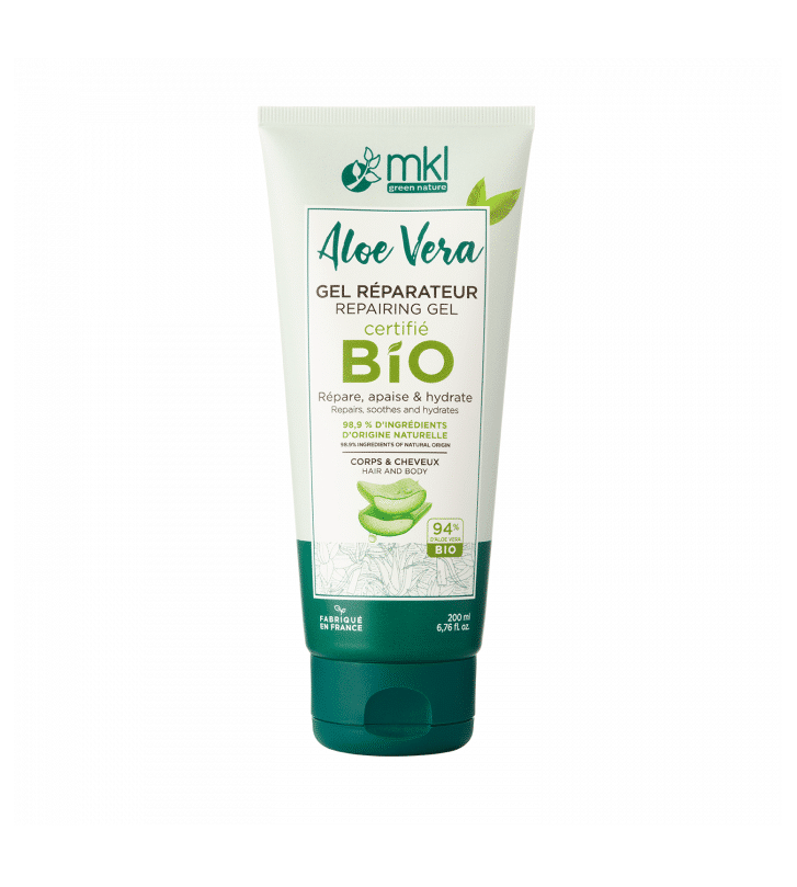 MKL Gel réparateur Aloe vera certifié BIO - 200 ml dans un tube blanc et vert avec bouchon rabattable