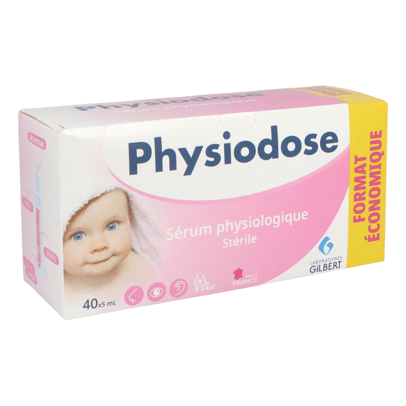 Boîte de Gilbert Physiodose Sérum Physiologique Stérile 40 x 5 ml avec une image de bébé