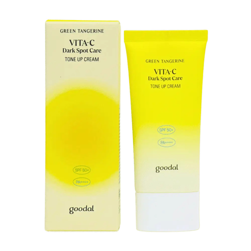 Un tube et une boîte de Goodal Green Tangerine Vita C Crème SPF 50 Tonifiante Anti Taches 50 ml