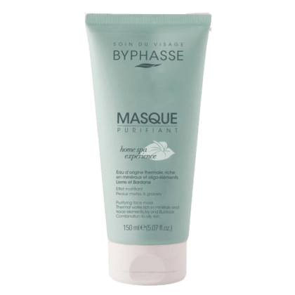 Un tube turquoise étiqueté « BYPHASSE Masque Purifiant Visage Peaux mixtes à grasses 150 ml », idéal pour créer une expérience spa à domicile, contient de l'eau thermale et de l'extrait de bardane pour offrir un effet matifiant, le rendant parfait pour les peaux mixtes et grasses. Dakar