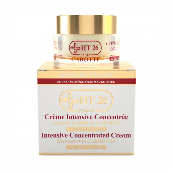 Un pot de HT26 Crème Action Taches Intensive 50 ml est posé sur sa boîte d'emballage jaune et blanche assortie. dakar