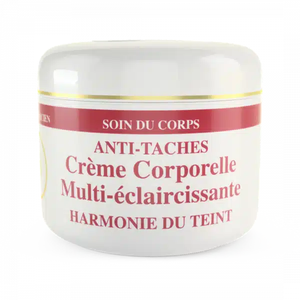 Un pot de crème blanc et or étiqueté "HT26 Crème corporelle multi-éclaircissante 500 ml. dakar