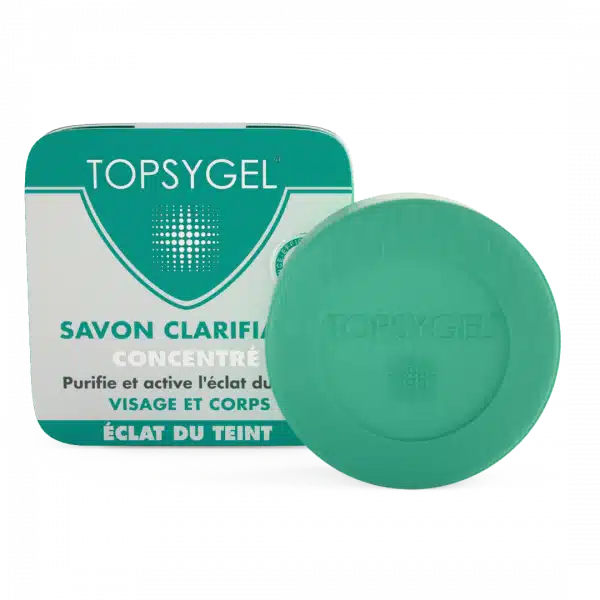 Barre de savon vert HT26 TOPSYGEL et boîte assortie étiquetée "Savon Clarifiant Concentré" pour le visage et le corps