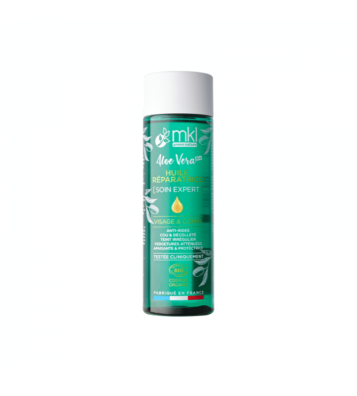 Un flacon de MKL Huile réparatrice Aloe vera certifiée BIO Anti Vergitures & Unifiant 200 ml