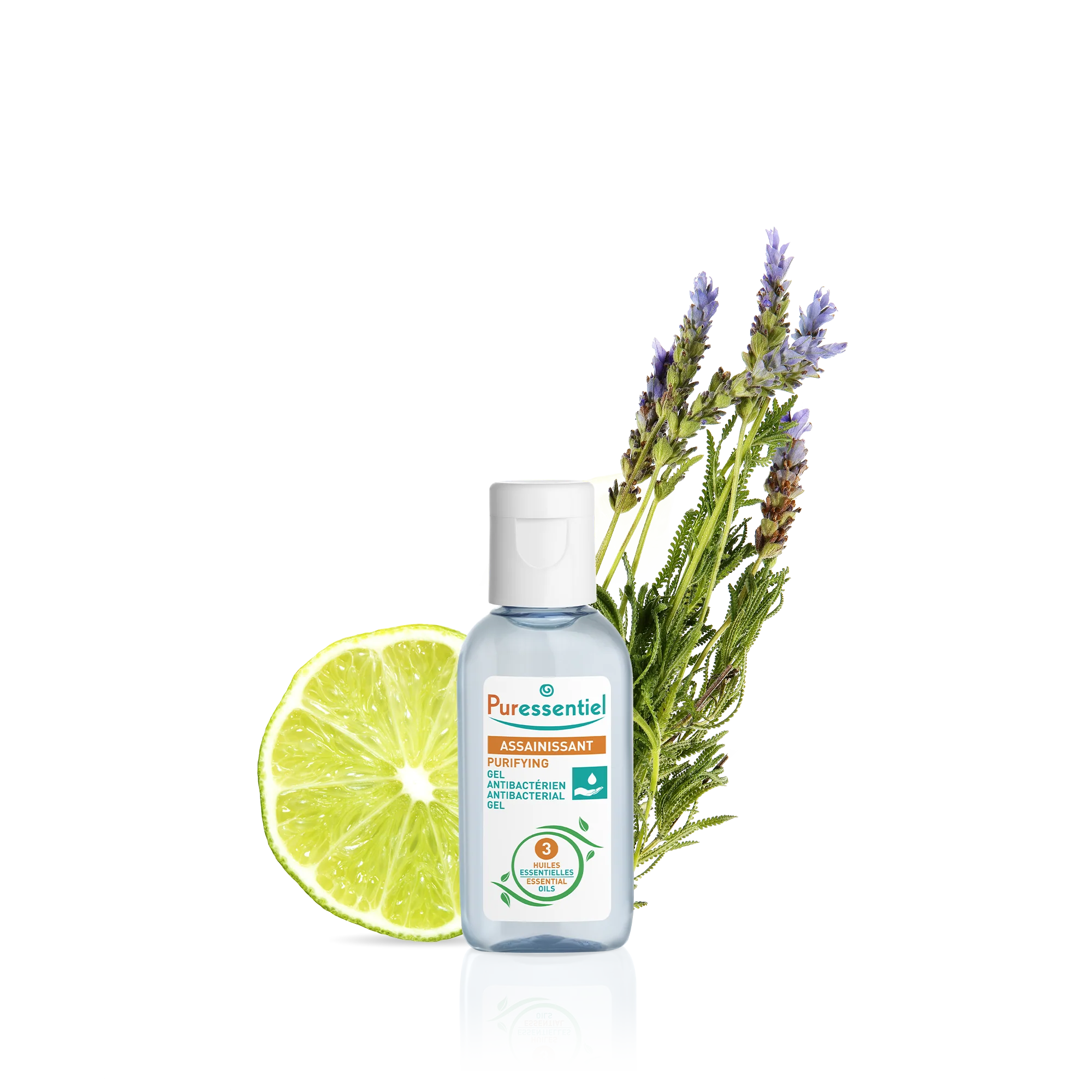 Flacon de Puressentiel Gel Antibactérien Assainissant 80 ml avec des tranches de citron vert et des brins de lavande en arrière-plan. dakar