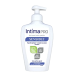 Flacon pompe blanc d'Intima Soin Lavant Intime Quotidien Peaux Sensibles Sans Parfum 200 ml avec texte en français décrivant ses qualités hypoallergéniques et sans parfum