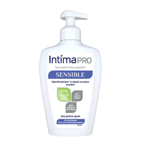 Flacon pompe blanc d'Intima Soin Lavant Intime Quotidien Peaux Sensibles Sans Parfum 200 ml avec texte en français décrivant ses qualités hypoallergéniques et sans parfum