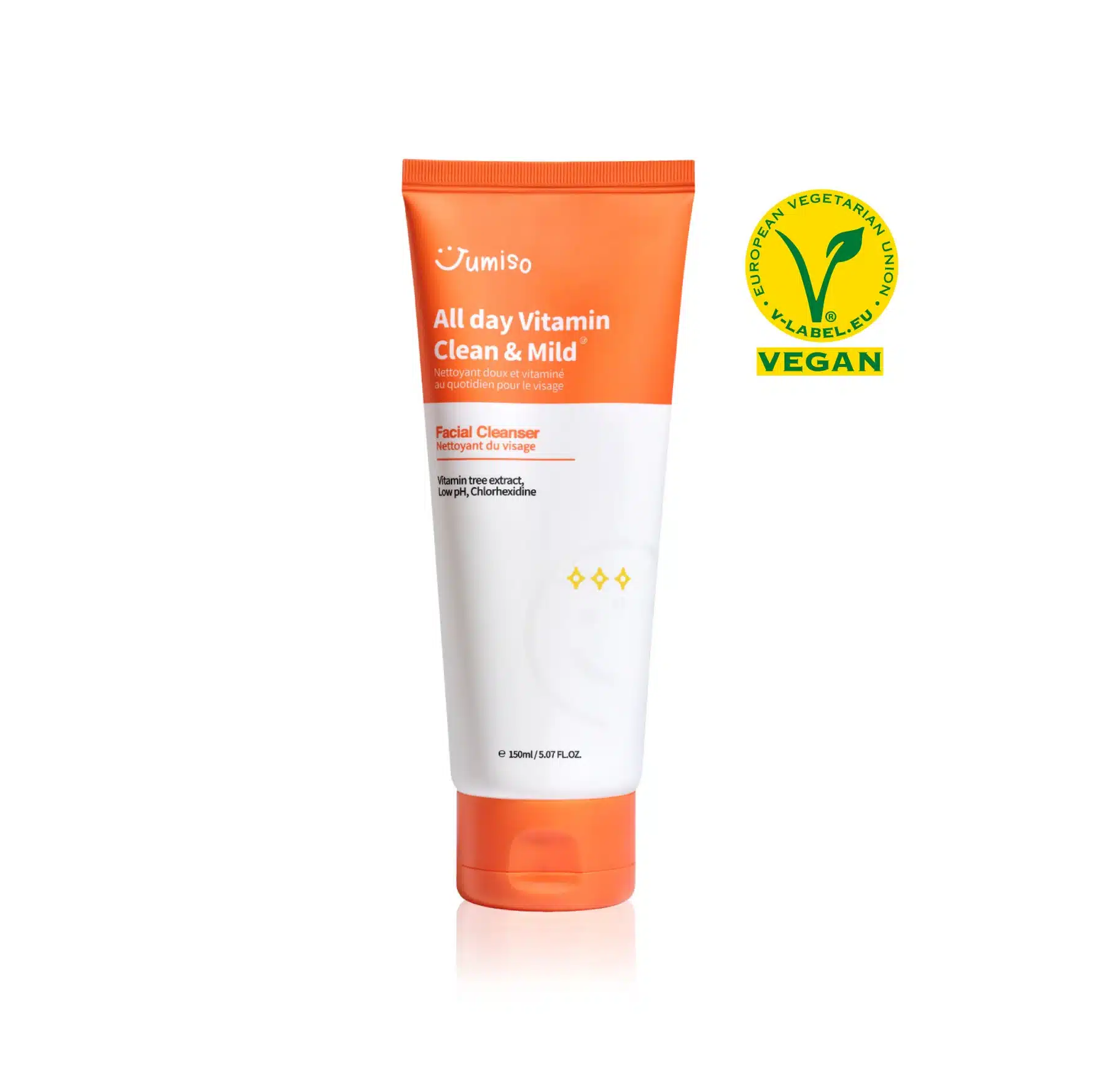 Un tube orange et blanc de Jumiso All Day Vitamin Nettoyant pour le Visage Propre et Doux 150 ml arborant un logo de certification végétalien. dakar