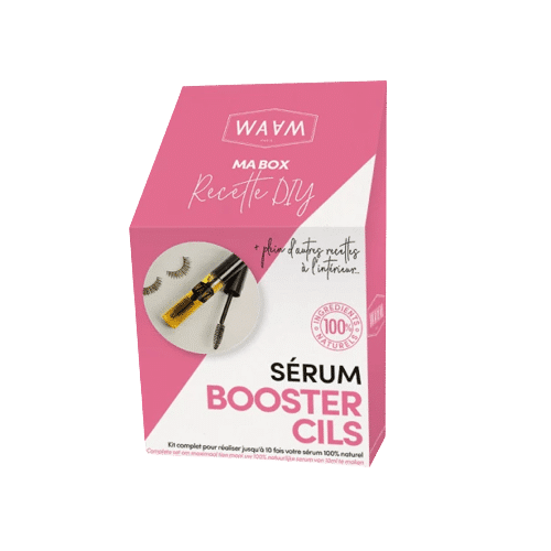 Coffret rose et blanc de Waam Kit Sérum Booster Croissance de Cils avec une image de baguettes de mascara et un petit flacon. Texte en français. Parfait pour ceux de Dakar qui recherchent une solution beauté pas cher.