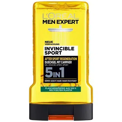 Gel Douche Invincible Sport de L’Oréal Men Expert Flacon de 250 ml avec emballage jaune et bouchon noir affiché. dakar