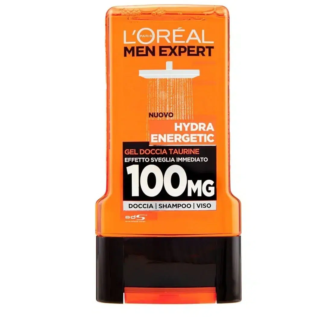 Flacon de gel douche L'Oréal Men Expert Gel Douche Hydra Energetic 250 ml dans un emballage orange avec texte indiquant 100 MG de taurine. dakar