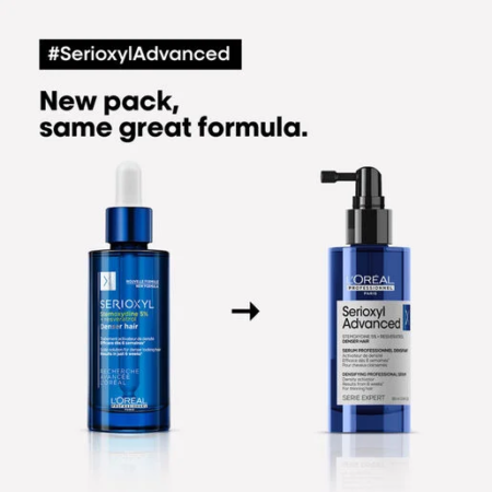 Une image promotionnelle présente deux produits L'Oréal Serioxyl Denser Hair : un élégant flacon compte-gouttes bleu et un flacon pompe bleu chic. Le texte indique : « Nouveau pack, même formule exceptionnelle ». Hashtag #SerioxylAdvanced. Dakar