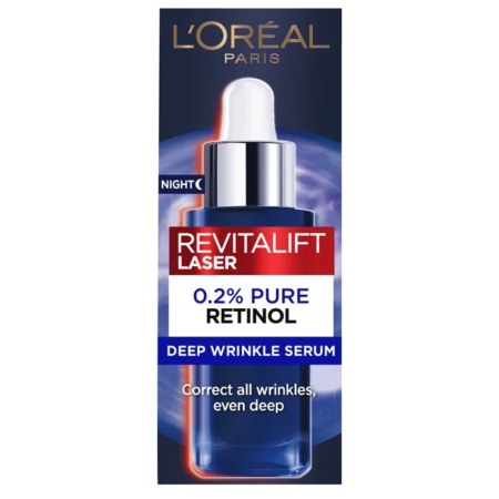 L'emballage du Sérum de Nuit au Rétinol Pur Revitalift Laser 30 ml de L'Oréal met en avant 0,2 % de rétinol pur, soulignant ses bienfaits en utilisation « nocturne » et promettant de « corriger toutes les rides, même profondes ». Le design est sombre avec des accents rouges et blancs audacieux et est élégamment fini avec un élégant bouchon compte-gouttes argenté. Dakar