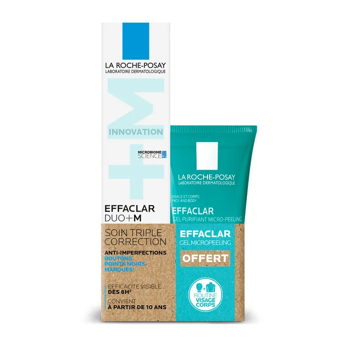 Coffret La Roche-Posay Effaclar Duo+M Soin Triple Correction Anti Imperfections et Gel Micropeeling avec packaging produit