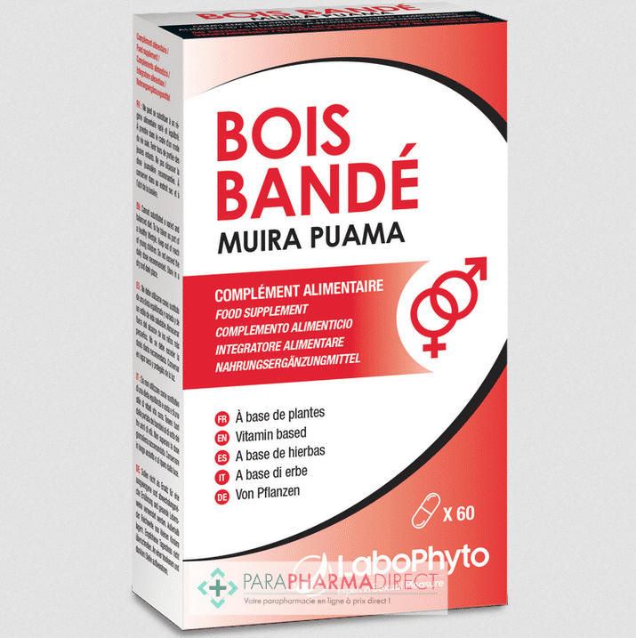 Une boîte de complément alimentaire "Labophyto Bois Bandé (60 gélules) Renforce vos désirs sexuels" au design rouge et blanc