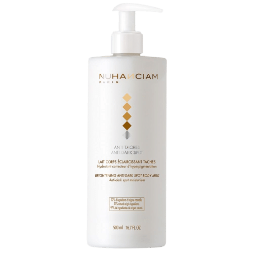 Un flacon de 500 ml de Nuhanciam Lait Corps Éclaircissant Taches et Hydratant correcteur d'Hyperpigmentation avec un distributeur à pompe blanc