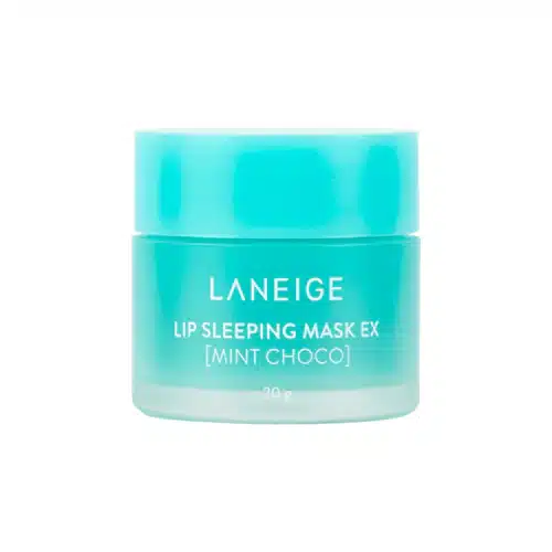 Un pot turquoise de LANEIGE Masque de Nuit Lèvres EX Menthe Choco