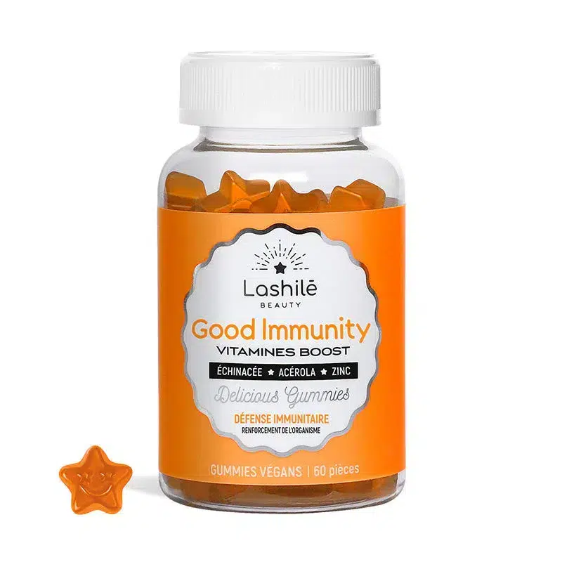 Un flacon de LASHILÉ BEAUTY Good Immunity Boost Défenses immunitaires avec une étiquette orange et un gummy en forme d'étoile devant.