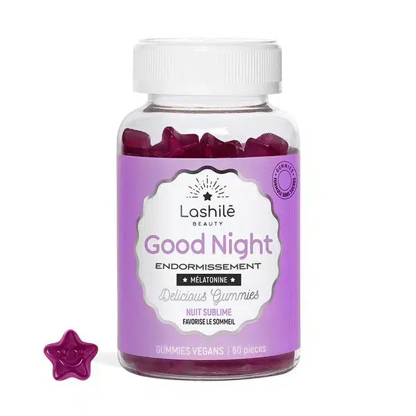 Flacon violet de LASHILE BEAUTY Good Night Endormissement Rapide Sommeil de qualité 60 pièces avec mélatonine