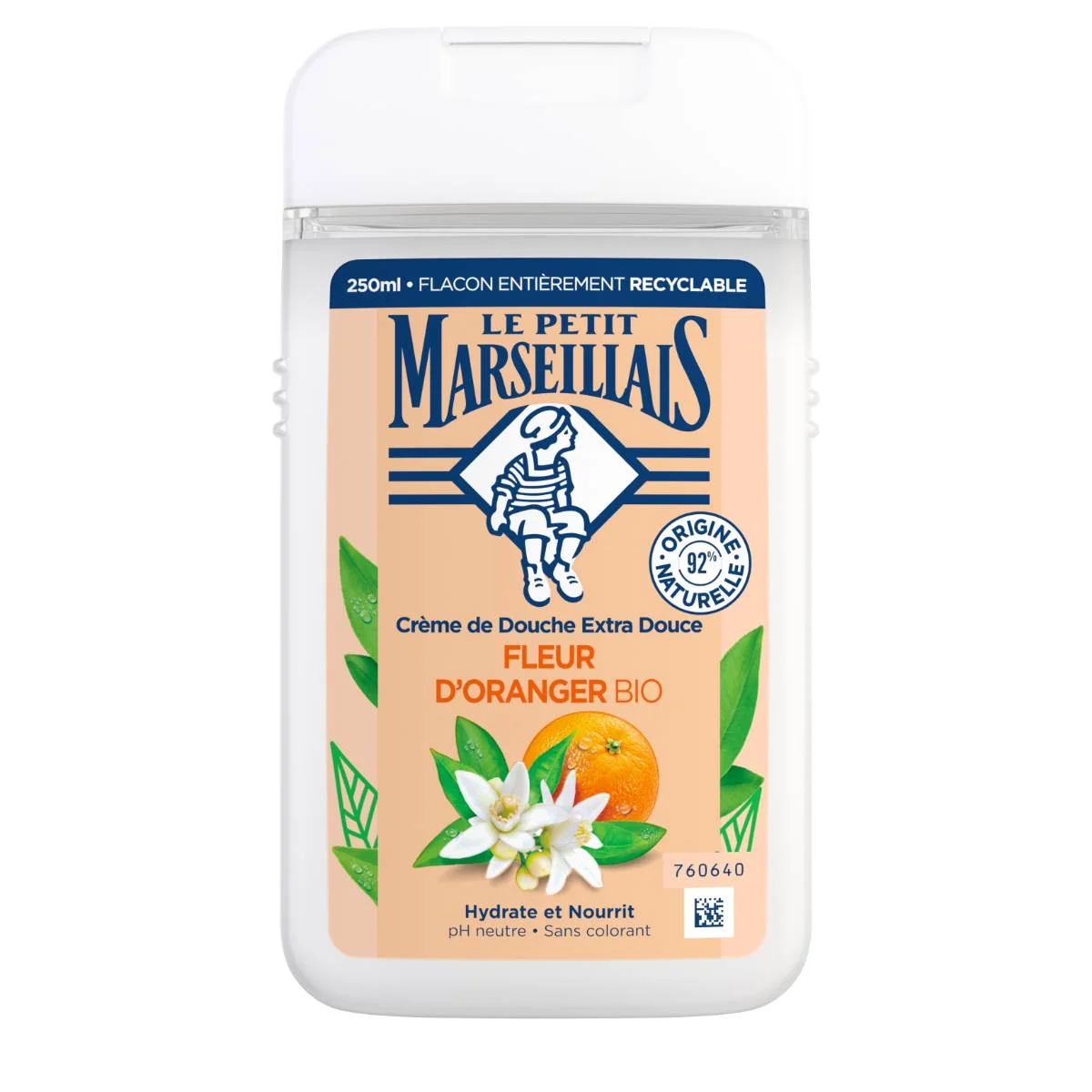 Un flacon de 250 ml de crème de douche Le Petit Marseillais Crème de Douche Extra Douce Fleur d'Oranger Bio