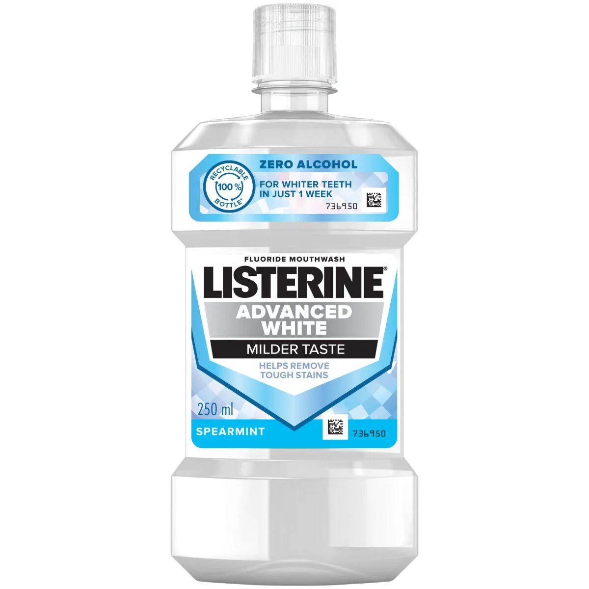 Une bouteille de bain de bouche LISTERINE Bain de Bouche Soin Blancheur Goût Plus Léger