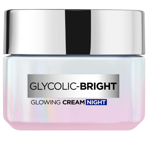 Un pot de crème de soin "L'Oréal Paris Glycolic-Bright Crème de Nuit Illuminatrice 50 ml" avec un couvercle argenté et un pot dégradé blanc et rose