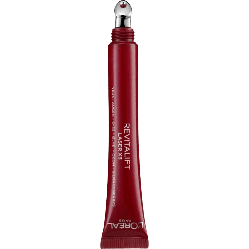 Tube rouge de crème contour des yeux L’Oréal Revitalift Laser X3 Acide Hyaluronique Contour des Yeux Anti Age Et Poche 15 ml avec un embout applicateur métallique