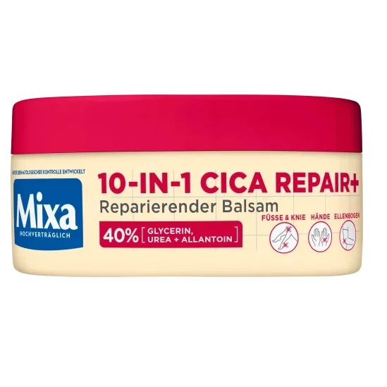 Image d'un contenant de Mixa Cica Repair+ Urée Baume Corporel 10 en 1 Peaux Sèches et Rugueuse 150 ml avec un couvercle rouge