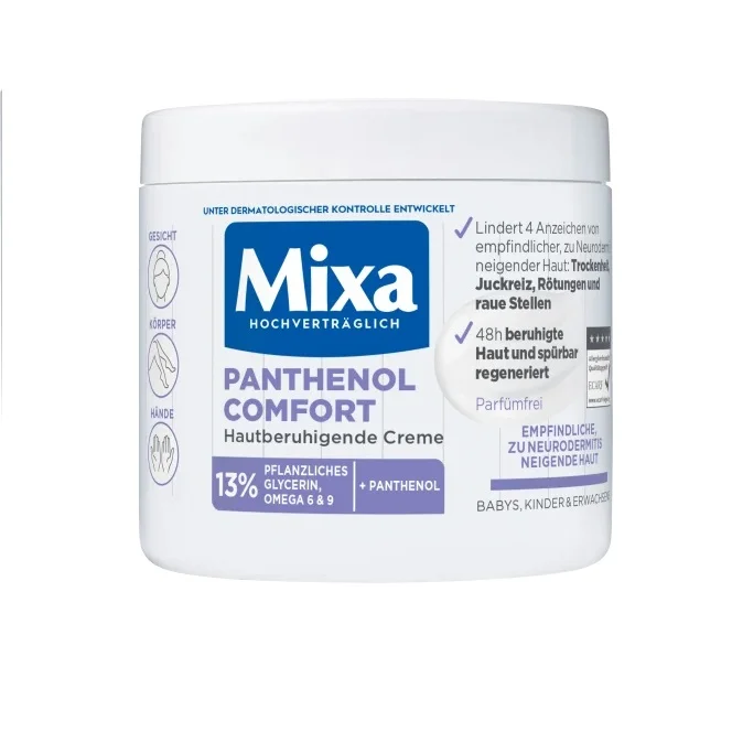 Pot de crème apaisante pour la peau Mixa Crème de soin Panthénol Comfort 400 ml en emballage blanc et bleu