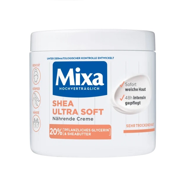 Un pot blanc de Mixa Crème de soin Karité Ultra Douce 400 ml Crème Nourrissante pour peaux sèches