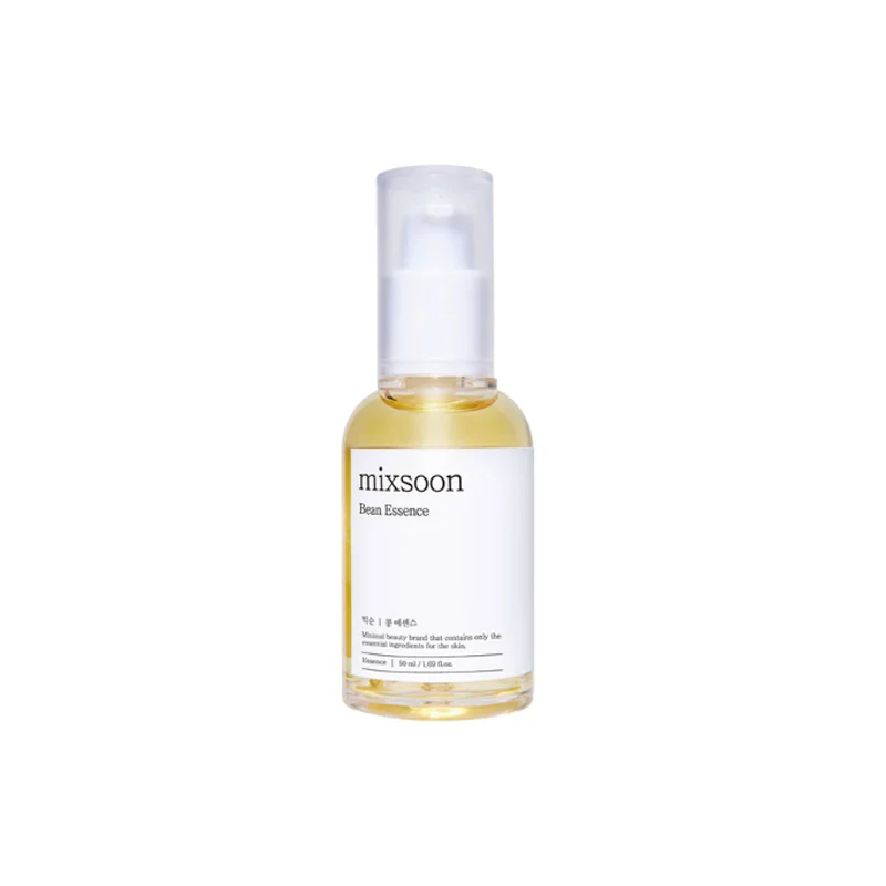 Un flacon de 30 ml de Mixsoon Bean Essence Rénovatrice Illuminateur et Hydratation avec une étiquette blanche et un distributeur à pompe